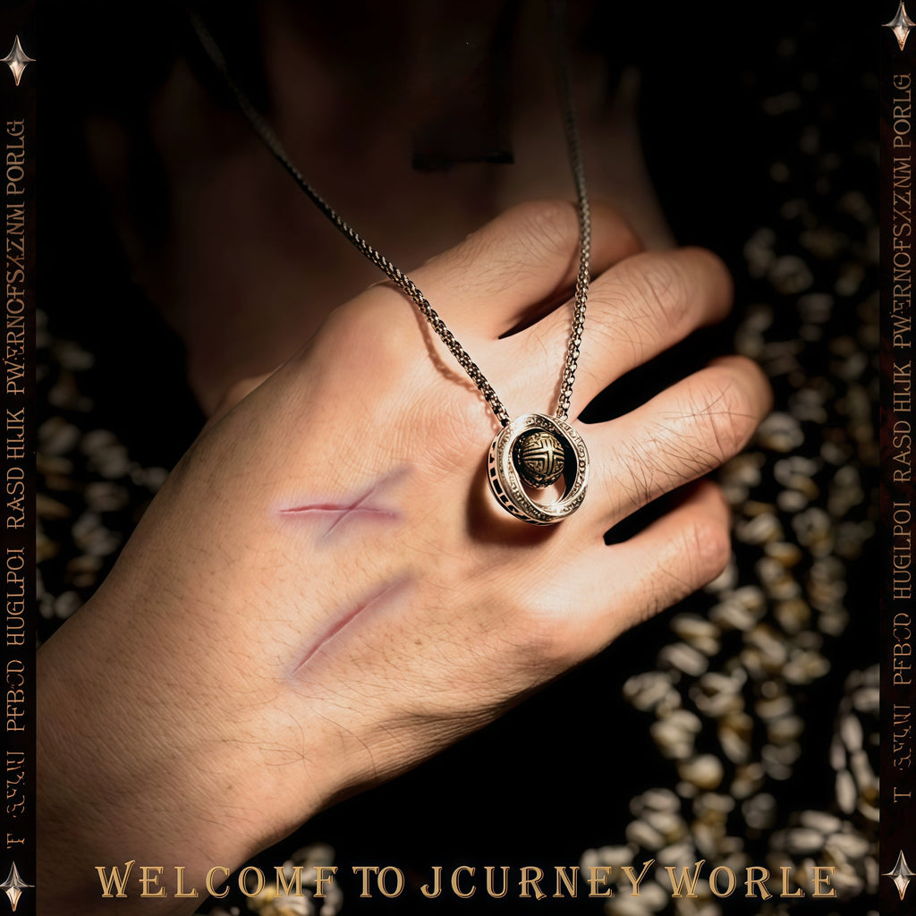 Two-Tone Chinese Retro Rotatable Round Bead Circle Pendant Necklace For Men, Copper Plated Silver Ancient Hui Pattern Vintage Ethnic Punk Jewelry Gift