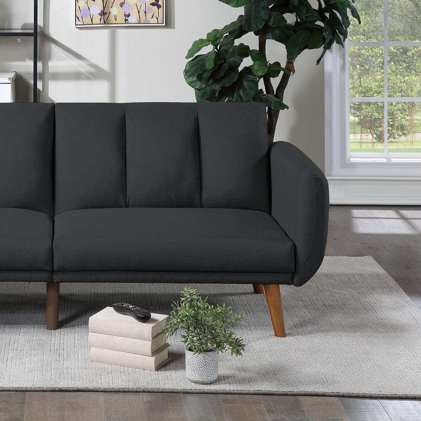 Dcenta Elegant Modern Sofa Black Polyfiber 1pc Sofa Convertible Bed Wooden Legs Living Room Guest Furniture
