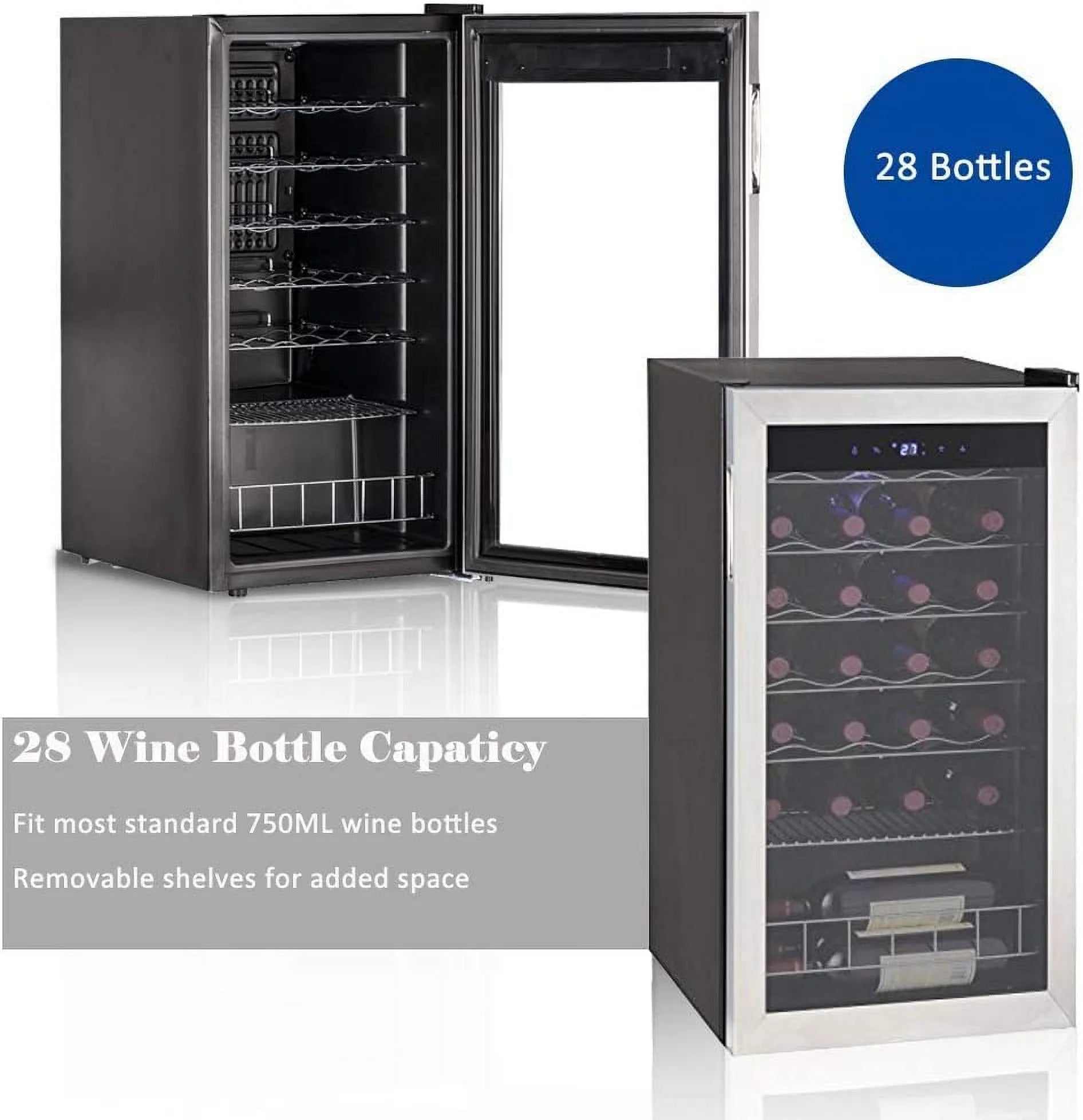 3.1 Cu ft 28 Bottles Compressor Wine Coolers Stainless Steel Door No Frost Wine Fridges Freestanding Champagne Cooler 110V Wine Cooler/Cabinet Small Beverage Refrigerator 28 Bottles Beer Bar Fridge