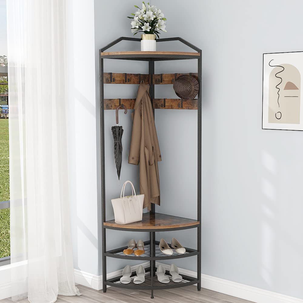 Corner Hall Tree with Shoe Bench Entryway Coat Rack with 10 Metal Movable Hooks Freestanding Clothes Rack Shoes Shelf Organizer for Home Office Bedroom (Rustic Brown)