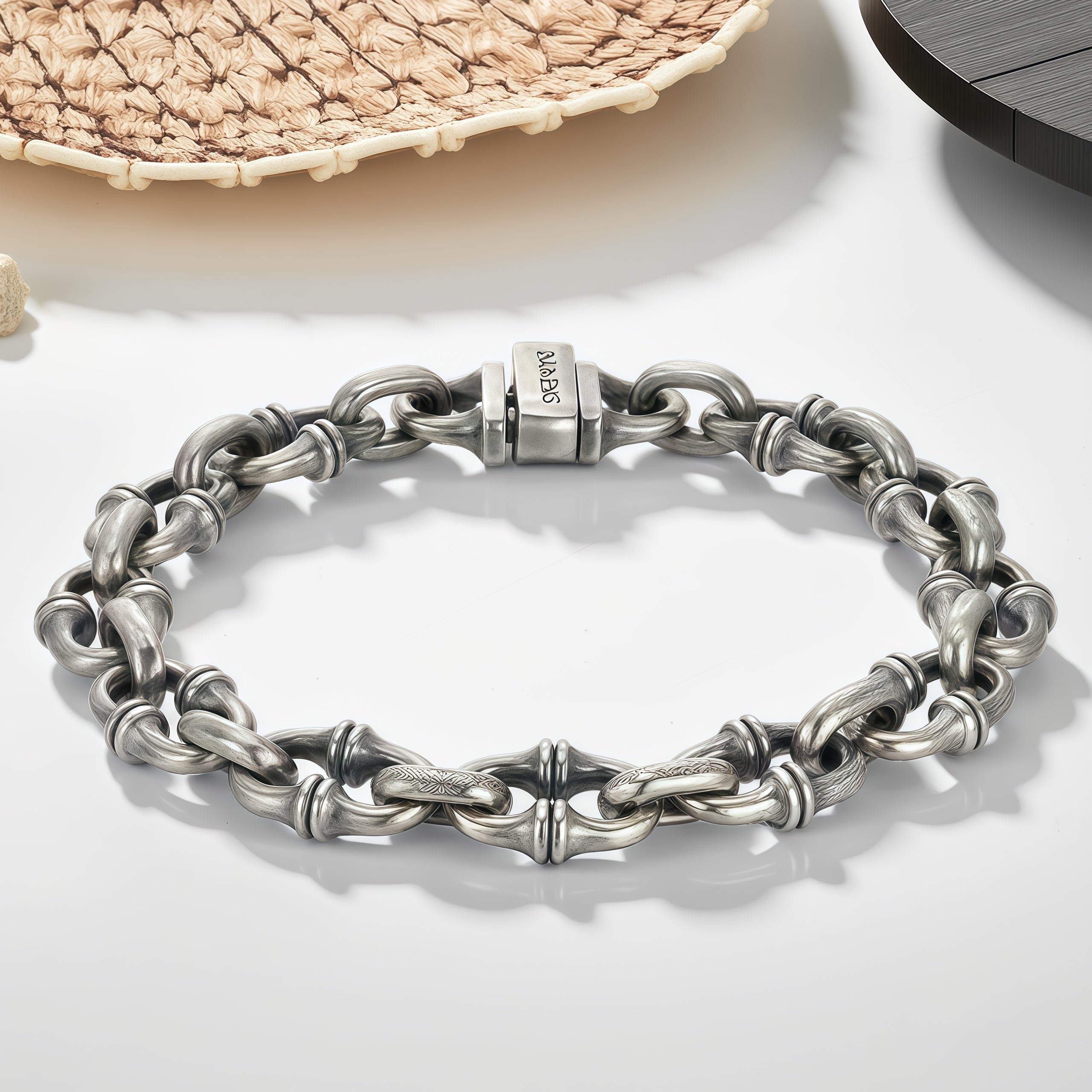Vintage Horseshoe Link Heavy Chain Bracelet For Men, Copper Plated Silver Engraved  Push Lock Biker Punk Thick Wrist Jewelry Gift