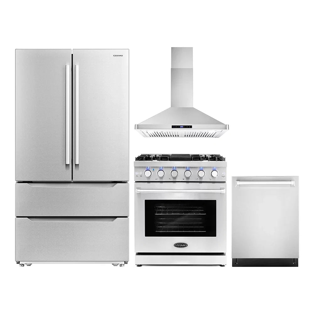 Cosmo 4 Piece Kitchen Appliance Package with 30" Freestanding Gas Range 30" Wall Mount Range Hood 24" Built-in Integrated Dishwasher & French Door Refrigerator Kitchen Appliance Bundles
