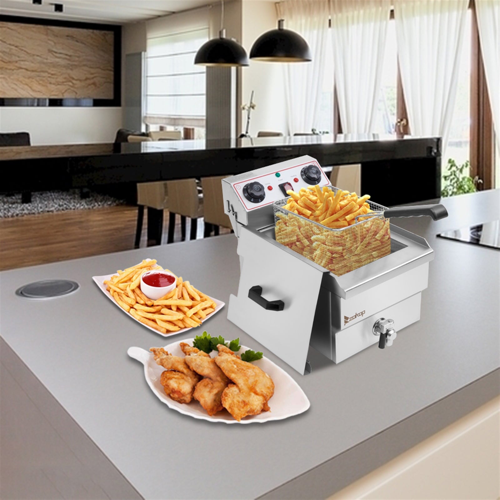 BAYUELSWU Deep Fryer with Basket 12.5Qt Electric Deep Fryer Stainless Steel Single Tank Deep Fryer with 8L Basket Faucet Large Capacity for Home Restaurant