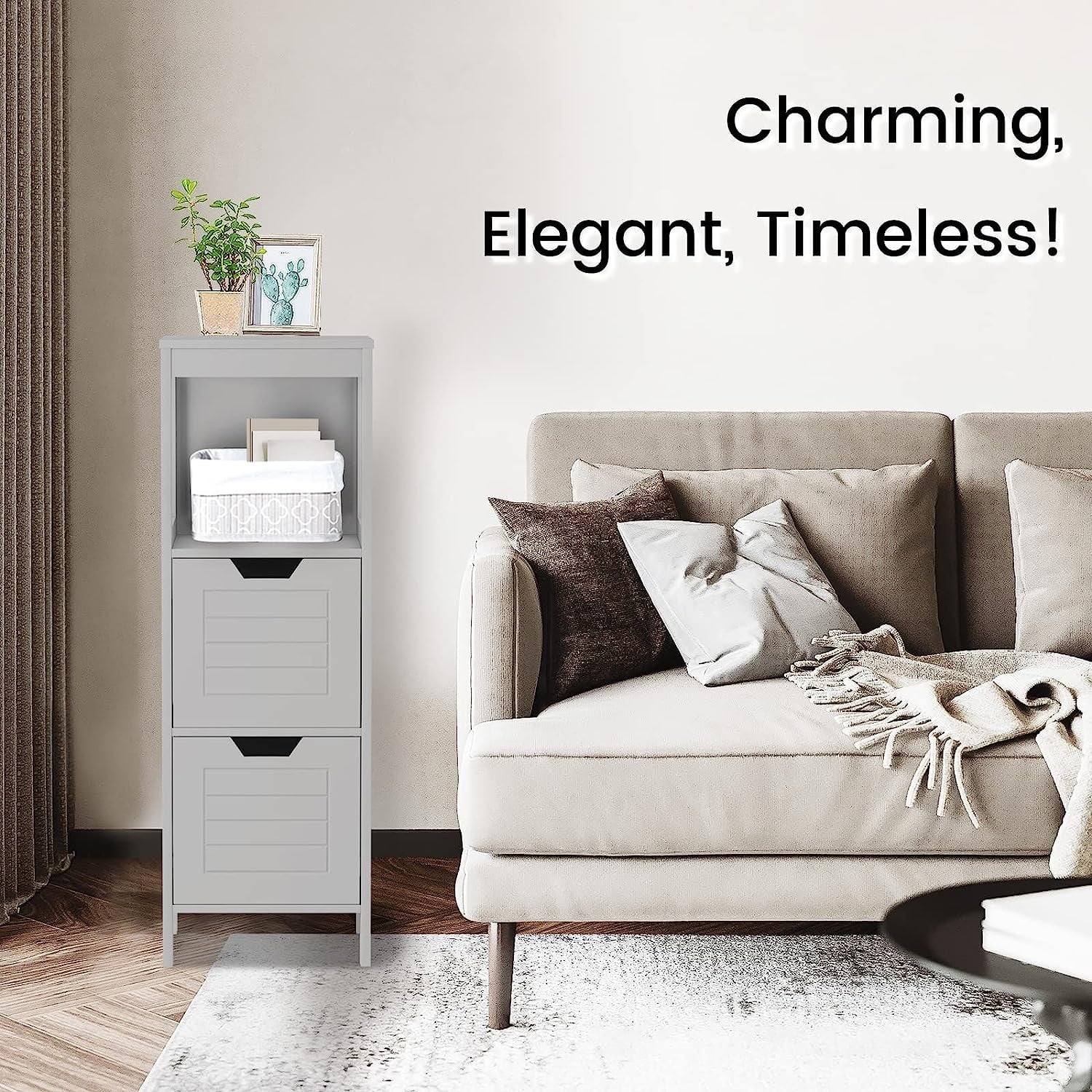 Bathroom Storage Cabinet, Freestanding Wooden Side Storage Cabinet with 2 Adjustable Drawers, Space-Saving Floor Cabinet for Living Room Bathroom Bedroom Entryway (Grey)