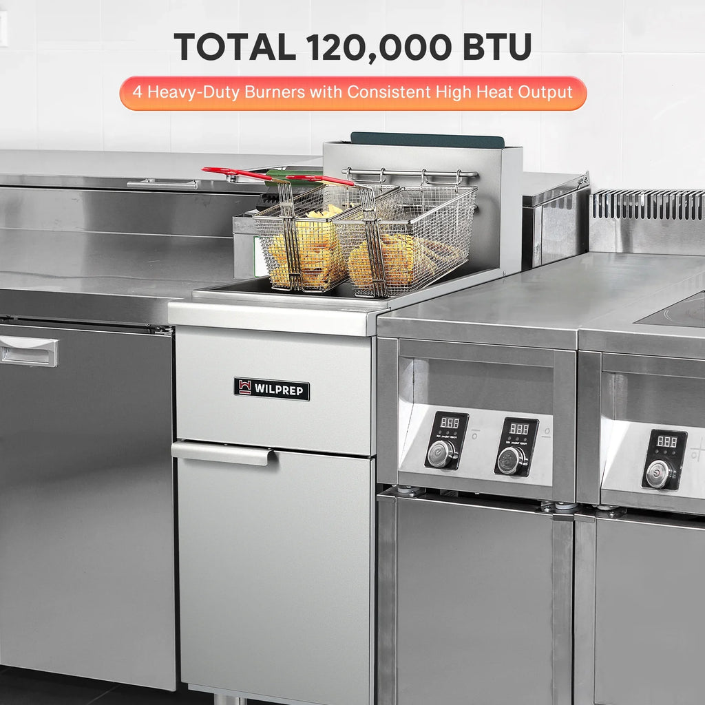 WILPREP 4 Burner Commercial Gas Floor Fryer, Commercial Deep Fryer with 2 Baskets 120000 BTU 50 lb. Capacity 400°F Constant Temperature for Restaurant Kitchen