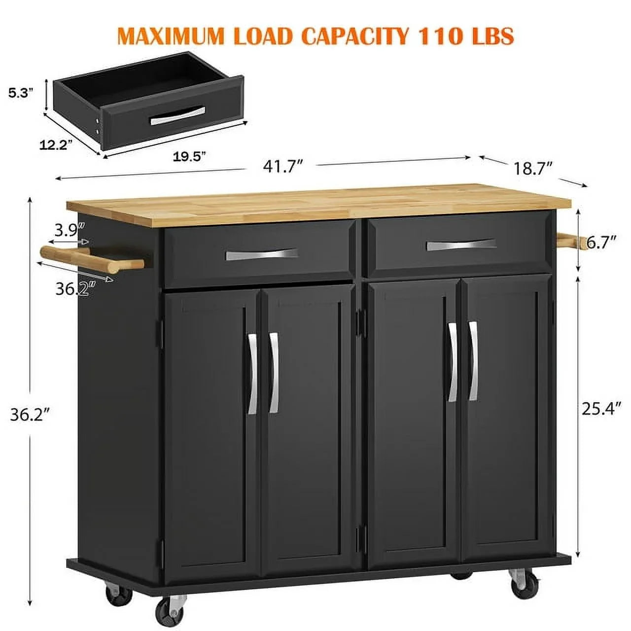 Soges 41.5" Kitchen Island Rolling Island Cart with Hidden Cabinet, Adjustable Shelves, and Towel Rails, Black