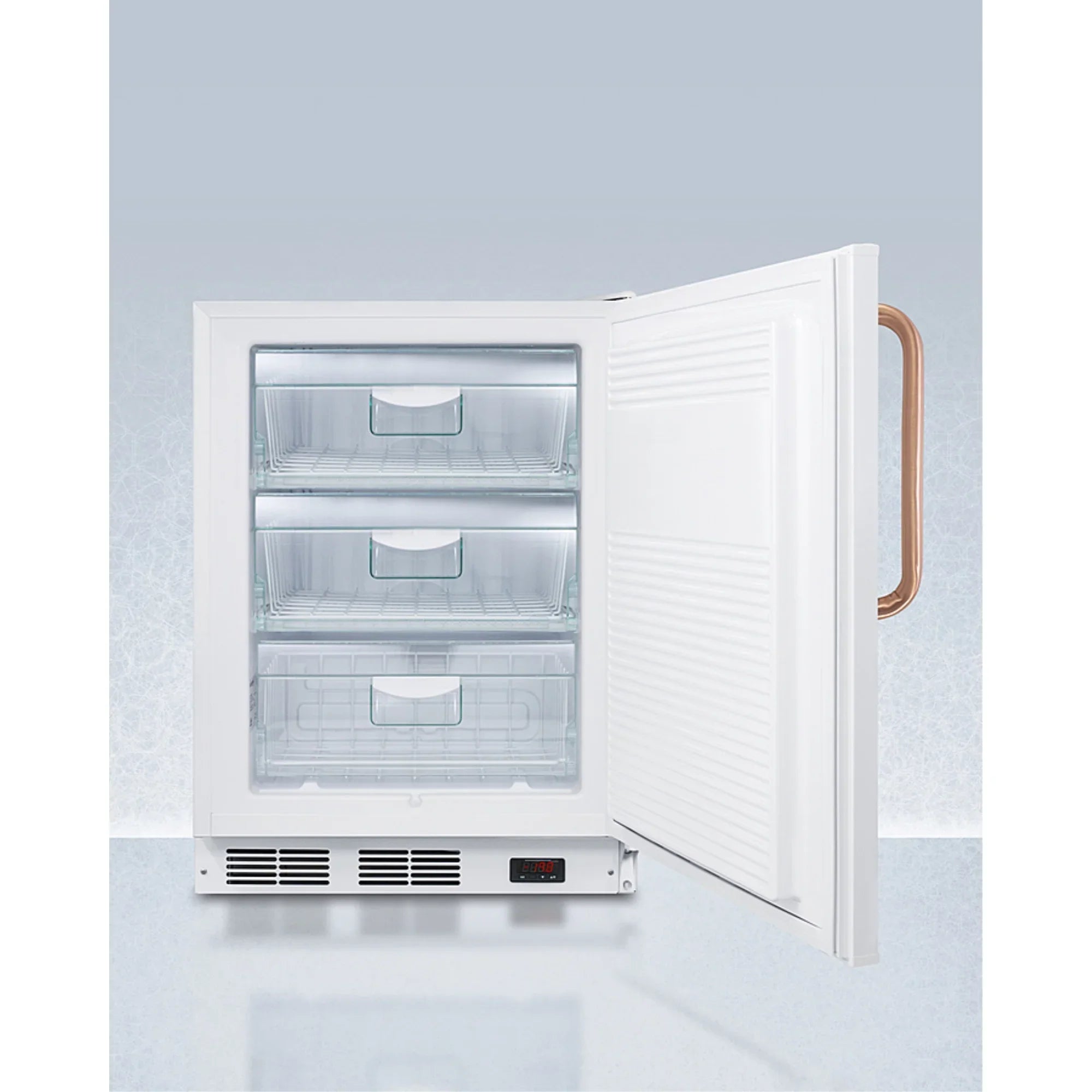 ADA compliant 24" wide all-freezer for built-in use, manual defrost with a copper handle