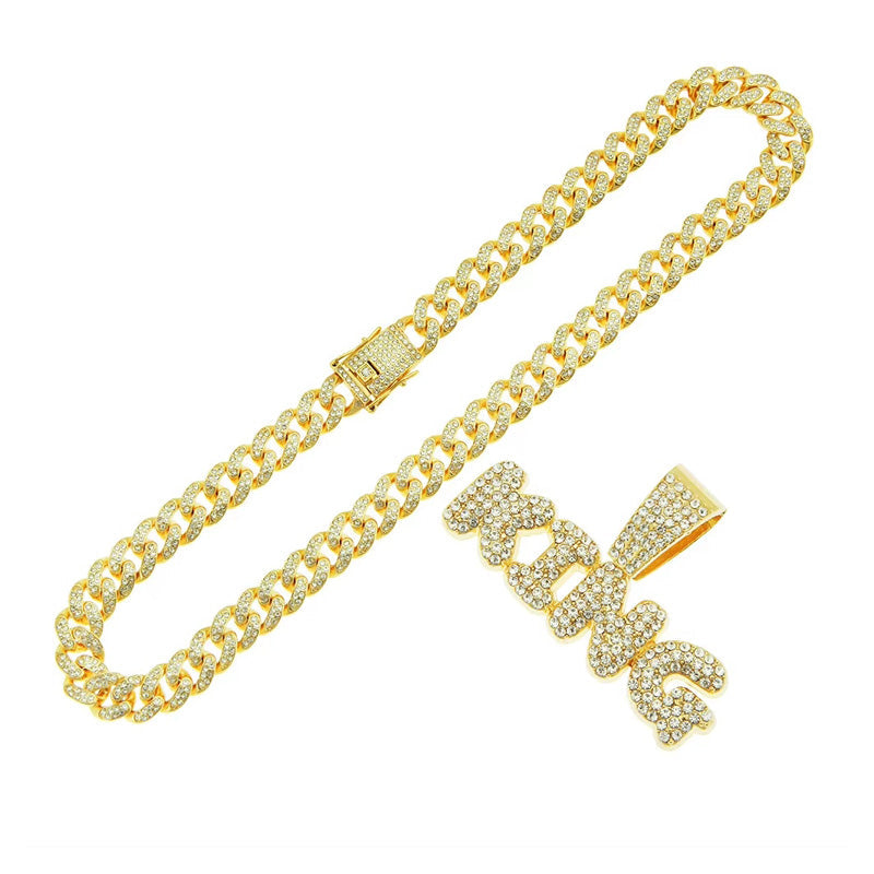 13mm Width Football Pendant Necklace,Full Diamond King Fashion Pendant Necklace, 3D Diamond Gold Zinc Alloy Stainless Steel Religious Zircon