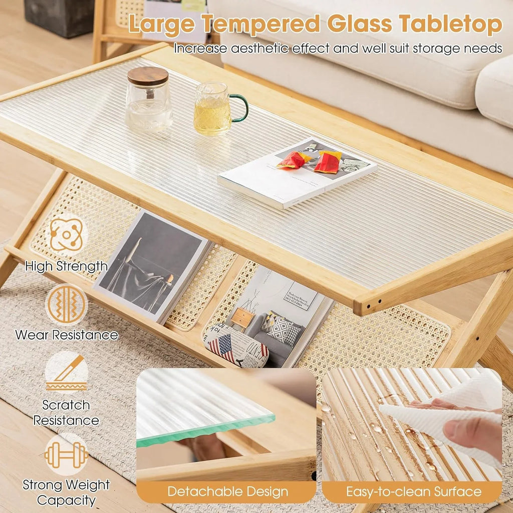 Bamboo Coffee Table, 2-Tier Rectangular Coffee Table with Glass Tabletop, Modern Center Table with Handwoven Rattan Storage Shelf, 48” Tea Table Cocktail Table for Living Room, Office, Natural