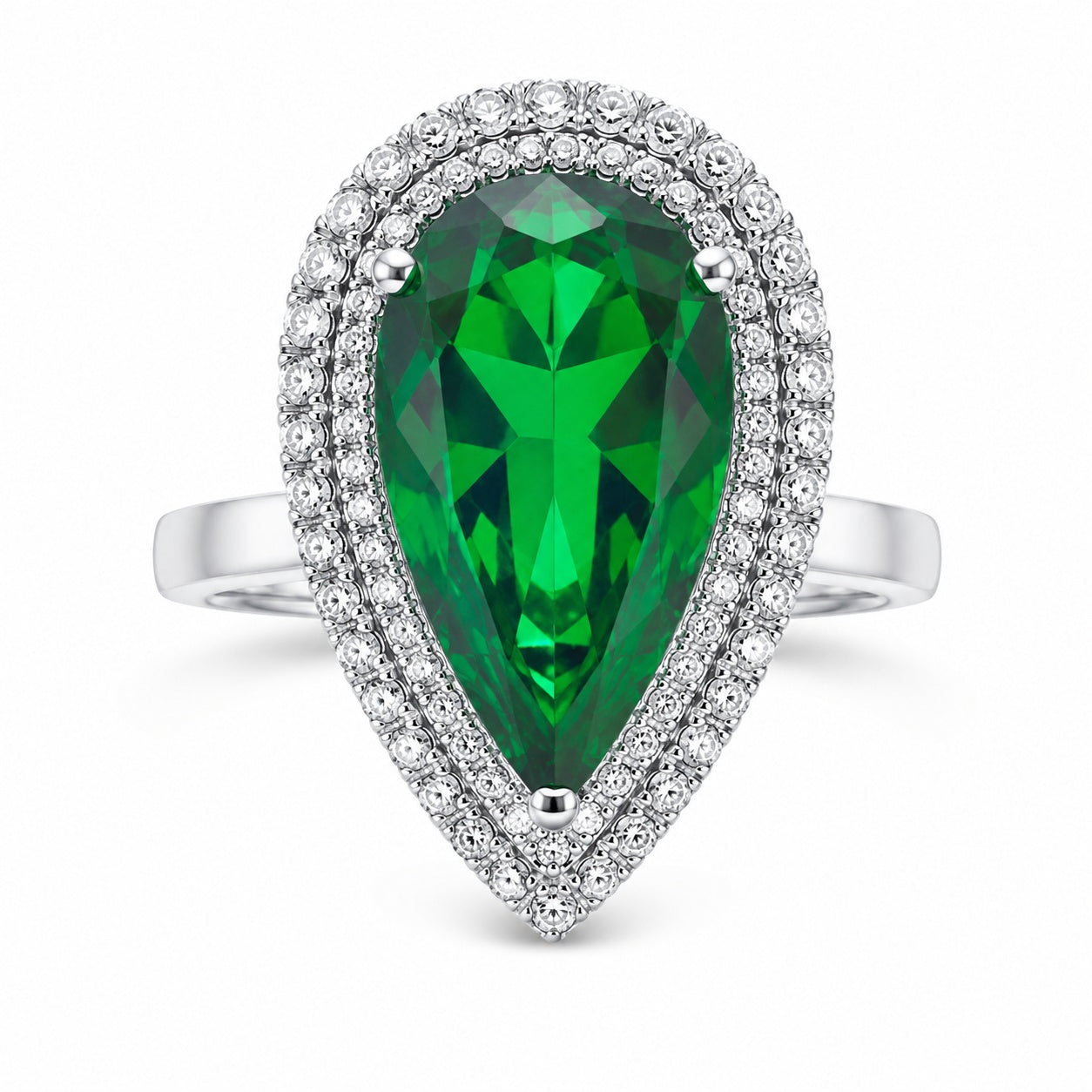 Pear Cut Emerald Green CZ Double Halo Open Adjustable Ring For Women, Copper Plated Silver Split Shank Cocktail Wedding Statement Jewelry Gift