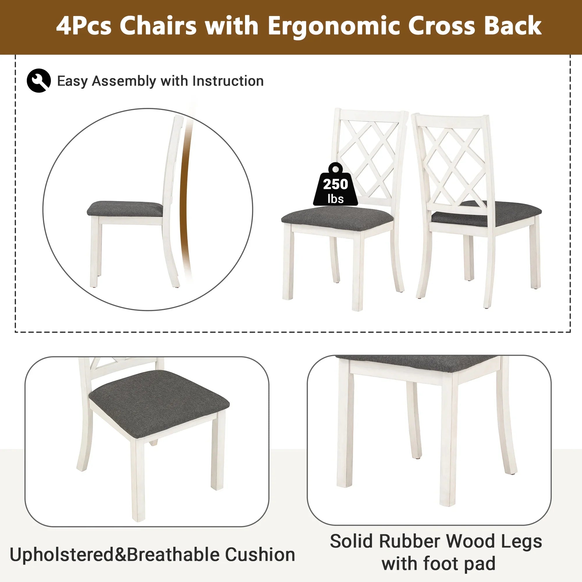 Llinc Store Mid-Century Solid Wood 5-Piece Round Dining Table Set for 4 Kitchen Table Set with Upholstered Chairs for Small Places Brown Table+Gray Chair