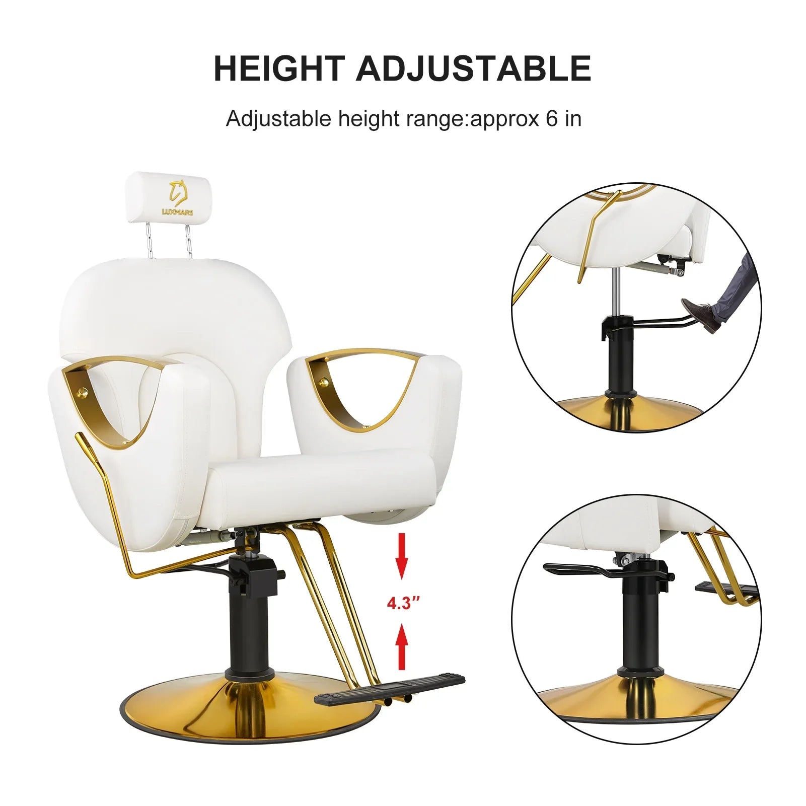 LUXMARS Reclining Barber Chair Salon Chair Height Adjustable Hydraulic Chair Tattoo Chairs 360 Degrees Rolling Swivel Barber Chairs for Barbershop Hair Salon Spa Equipment - White