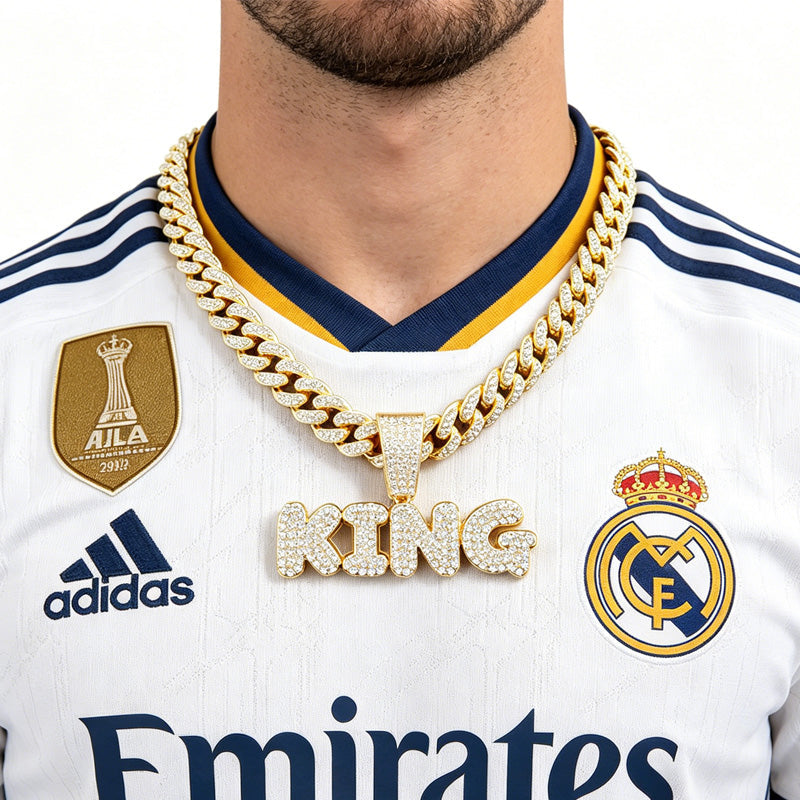 13mm Width Football Pendant Necklace,Full Diamond King Fashion Pendant Necklace, 3D Diamond Gold Zinc Alloy Stainless Steel Religious Zircon