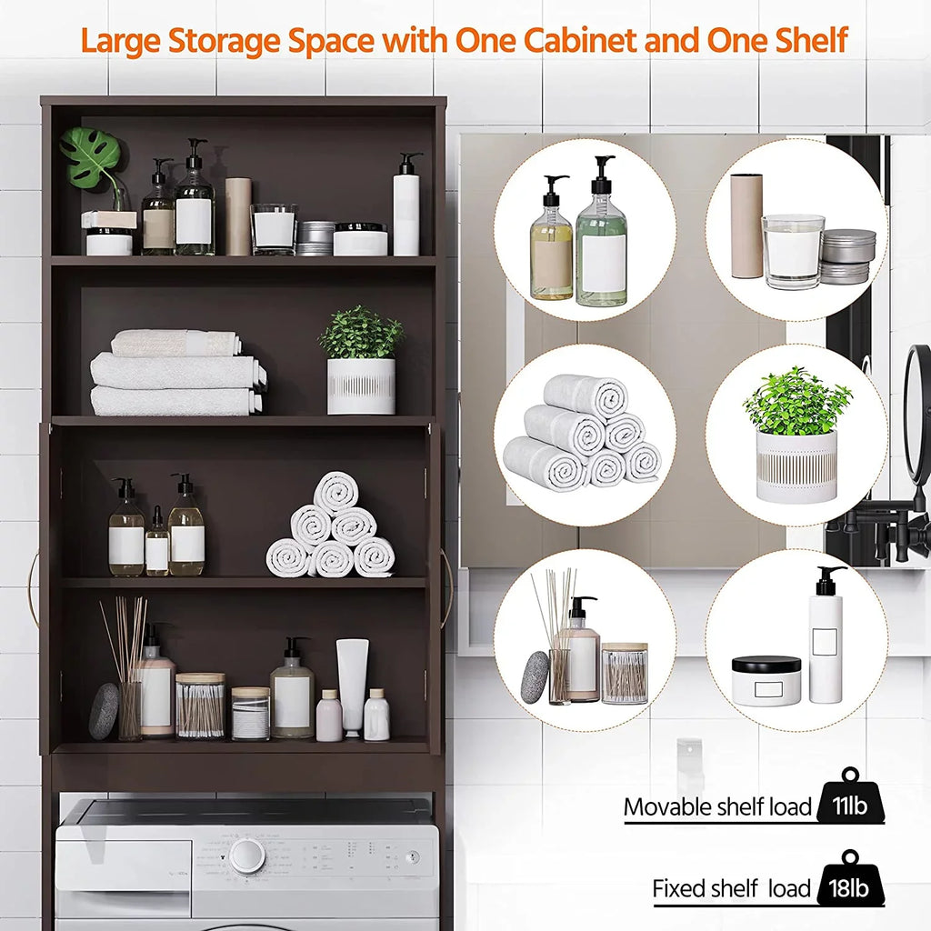 Over The Toilet Storage, Taller Bathroom Organizer Space-Saving Storage Cabinet with Adjustable Shelves and Double Doors, 77 in H, Espresso