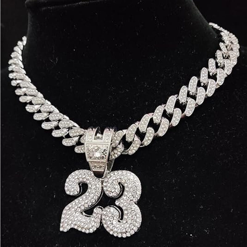 13mm Width Football Pendant Necklace,Number 23 Chain Iced Out Pendant Necklace, 3D Diamond Gold Zinc Alloy Stainless Steel Religious Zircon