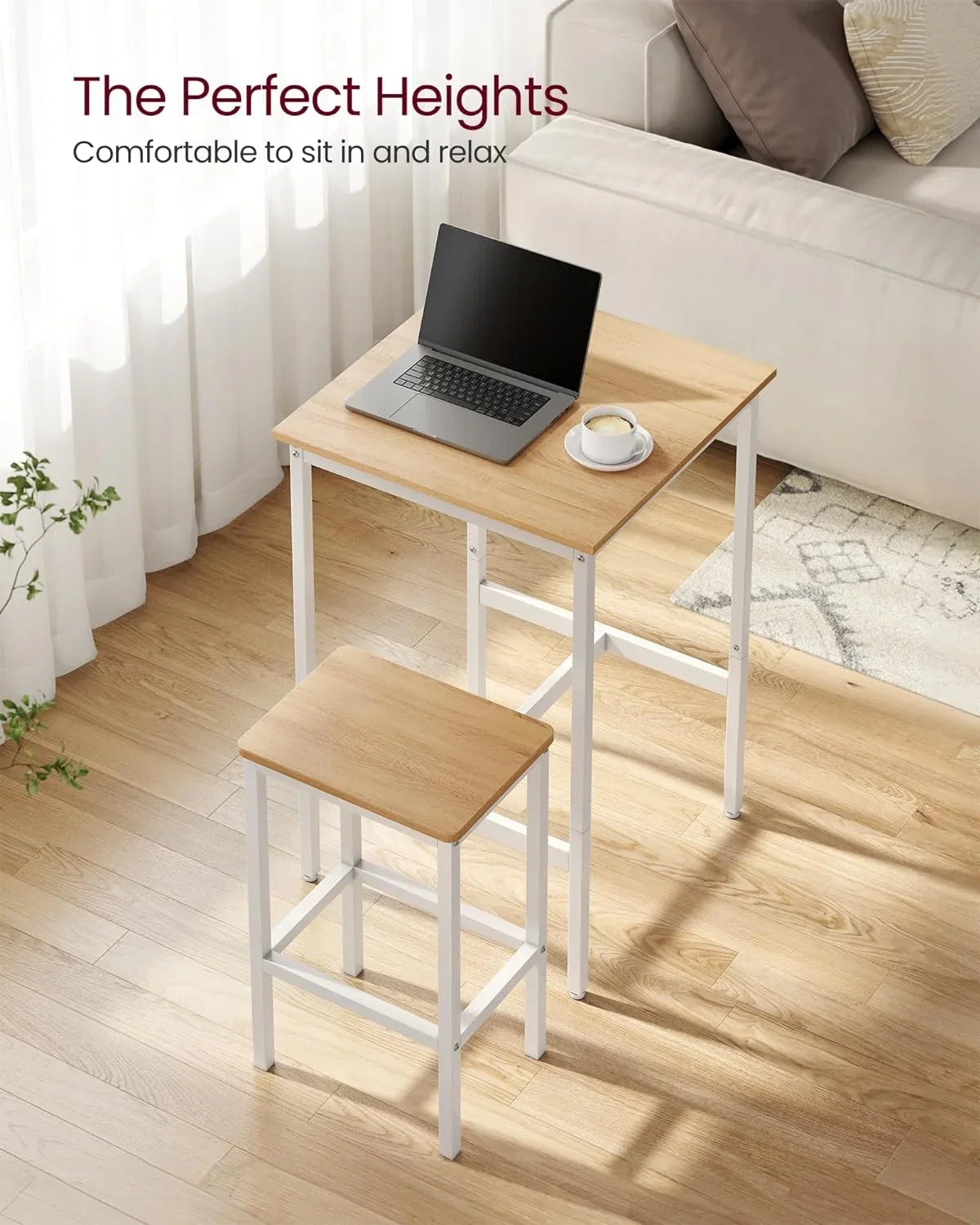 Bar Table and Chairs Set, Square Bar Table with 2 Bar Stools, Dining Pub Bar Table Set for 2, Space Saving for Kitchen Breakfast, Living Room, Party Room, Golden Oak and Cloud White