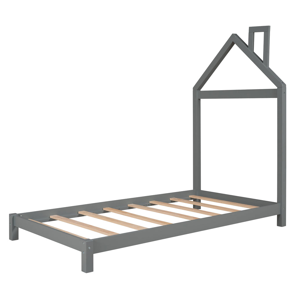 uhomepro Kids Twin Bed Frame with House Frame Headboard, Pretty Platform Bed Frame for Girls Boys, Wood Bed Frame Twin Size Bedroom Furniture with Wood Slats Support, No Box Spring Needed, Gray