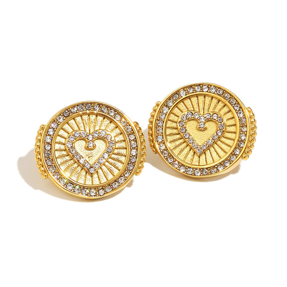 Retro Geometric Heart Disc Zircon Necklace Earring And Ring Set