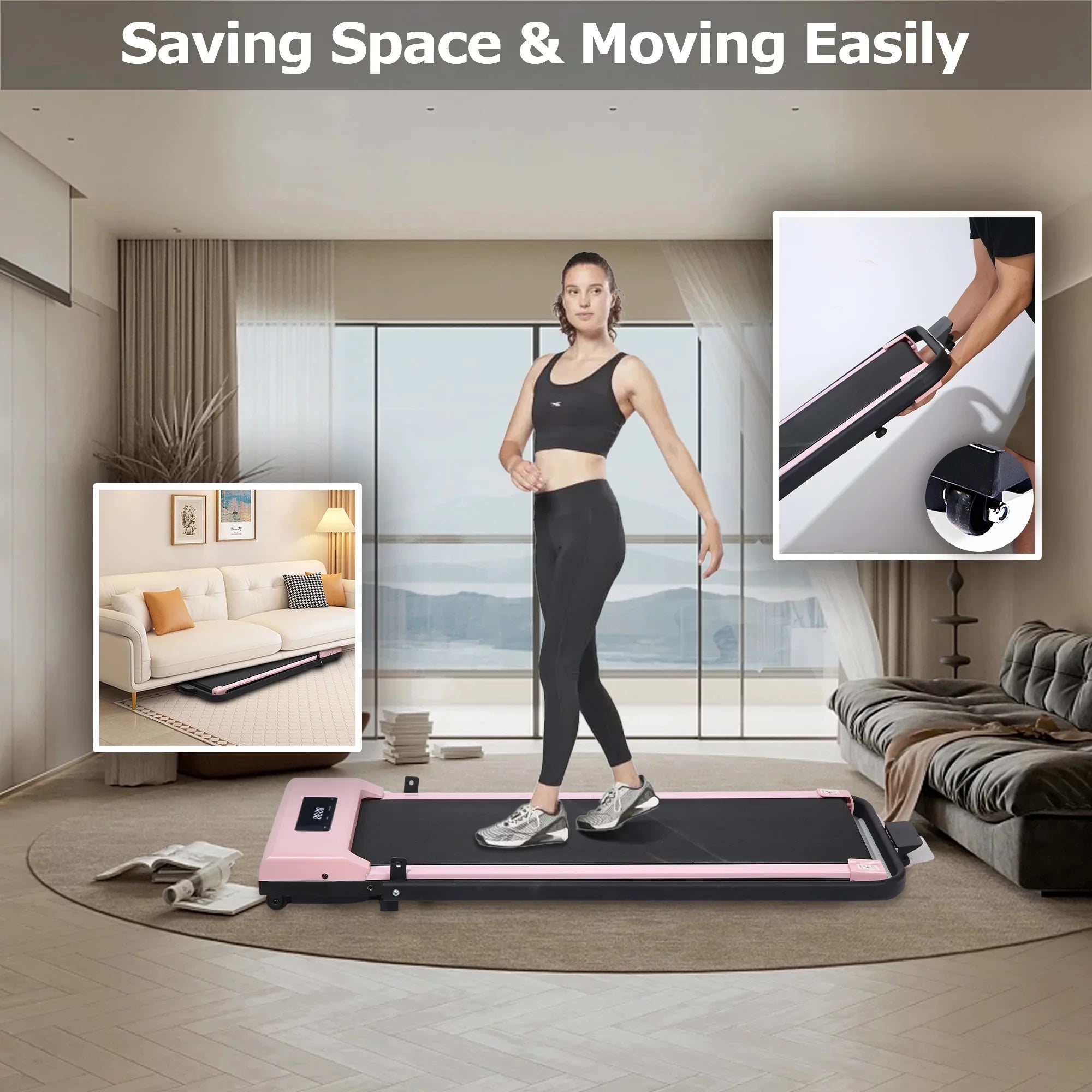 BITOUSHI Treadmill Under Desk Walking Pad 2 in 1, 3.0HP Portable Small Treadmill for Office & Home, Ultra Quiet & Installation-Free with Remote Control, LED Display, 220 Lb Capacity - Pink