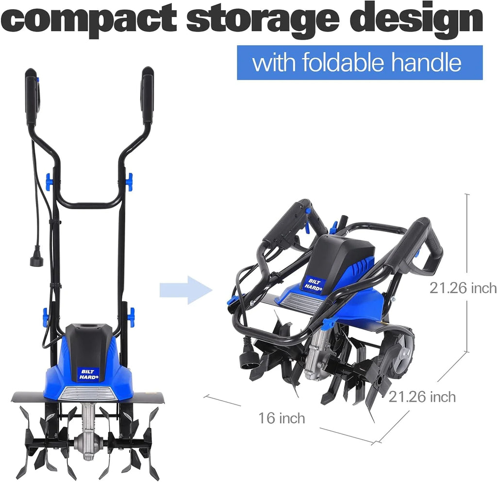BILT HARD Tiller Cultivator 16 inch, 13.5 Amp 6 Steel Tines Electric Garden Rototiller with Adjustable Wheels