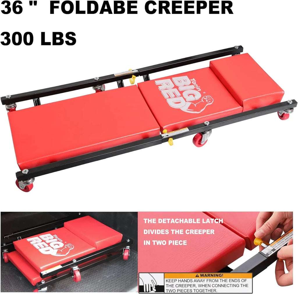 BIG RED 2 Ton Hydraulic Floor Jack with 2 Jack Stands and Rolling Garage Creeper Combo,Red, W8200