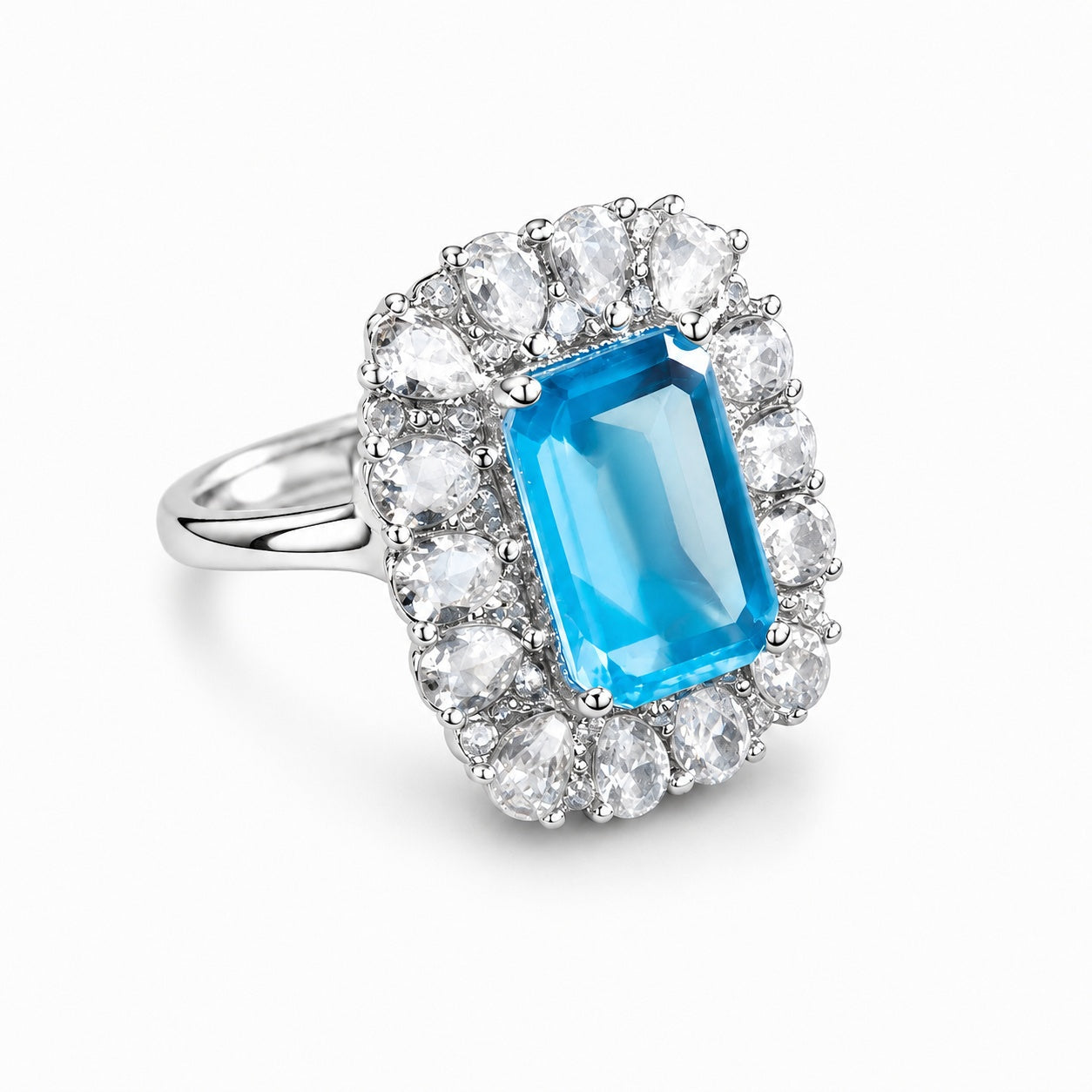 Emerald Cut Blue Topaz CZ Pear Double Halo Open Adjustable Ring For Women, Copper Plated Silver Cocktail Wedding Statement Gemstone Jewelry Gift
