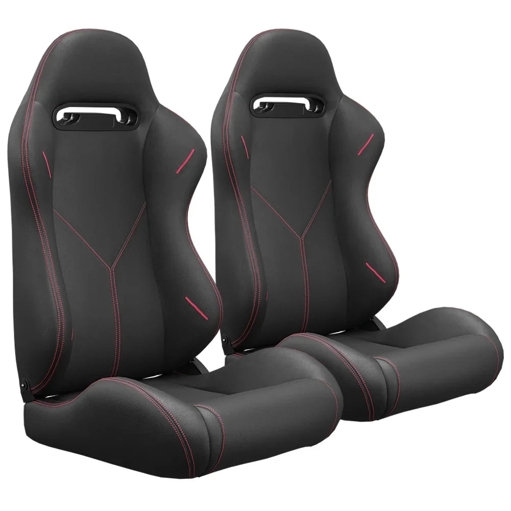 2PC Universal Bucket Racing Seats Red Stitch Red PVC Leather Reclinable Carbon Look Leather Back With Adjustor Slider (Not Including Seat Bracket )