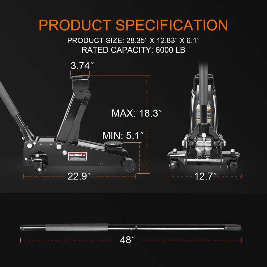 Torin 3 Ton Floor Jack Hydraulic Heavy Duty Steel Car Jack with Quick Lift Dual Pump,Black,W8303-B