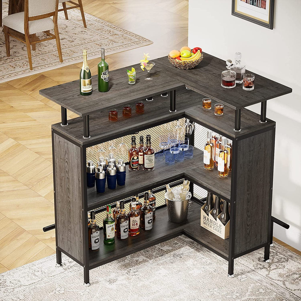 FJU Home Bar Unit, L-shaped Bar Table with Stemware Racks and 2-tier Shelves, Corner Mini Coffee Liquor Cabinet with Footrest for Home/Kitchen/Pub, Gray