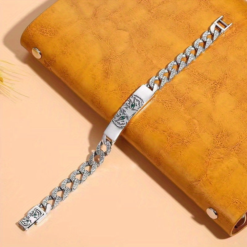 Vintage Engraved Tiger Head Curb Chain ID Bracelet For Men, Copper Plated Silver Inlaid Green CZ Eye Biker Punk Casual Wrist Jewelry Gift