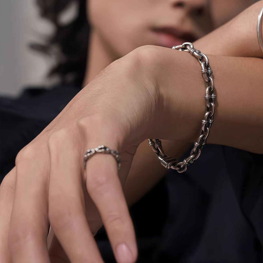 Vintage Horseshoe Link Heavy Chain Bracelet For Men, Copper Plated Silver Engraved  Push Lock Biker Punk Thick Wrist Jewelry Gift