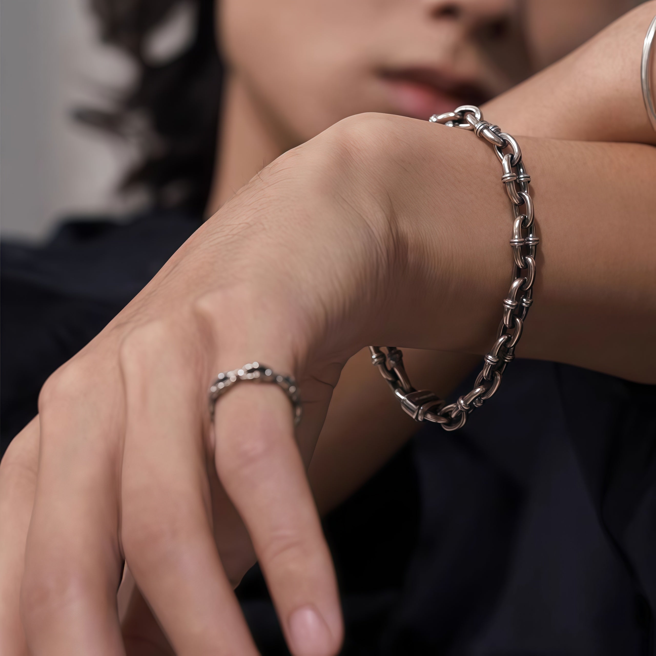Vintage Horseshoe Link Heavy Chain Bracelet For Men, Copper Plated Silver Engraved  Push Lock Biker Punk Thick Wrist Jewelry Gift