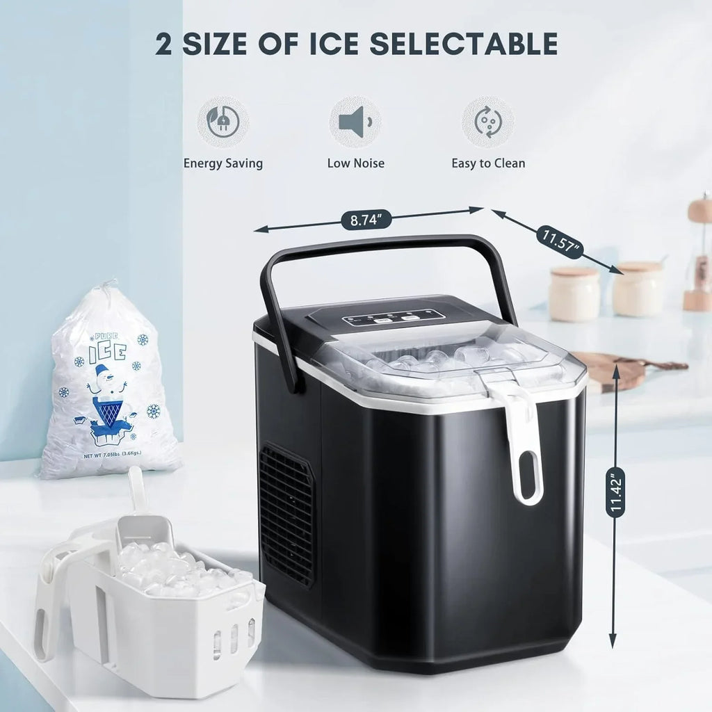 Countertop Ice Maker,Portable Ice Machine with Carry Handle,Self-Cleaning,Basket and Scoop,9 Cubes in 6 Mins,26.5lbs/24Hrs,2 Sizes of Bullet Ice,for Home,Kitchen,Party,Black,Green