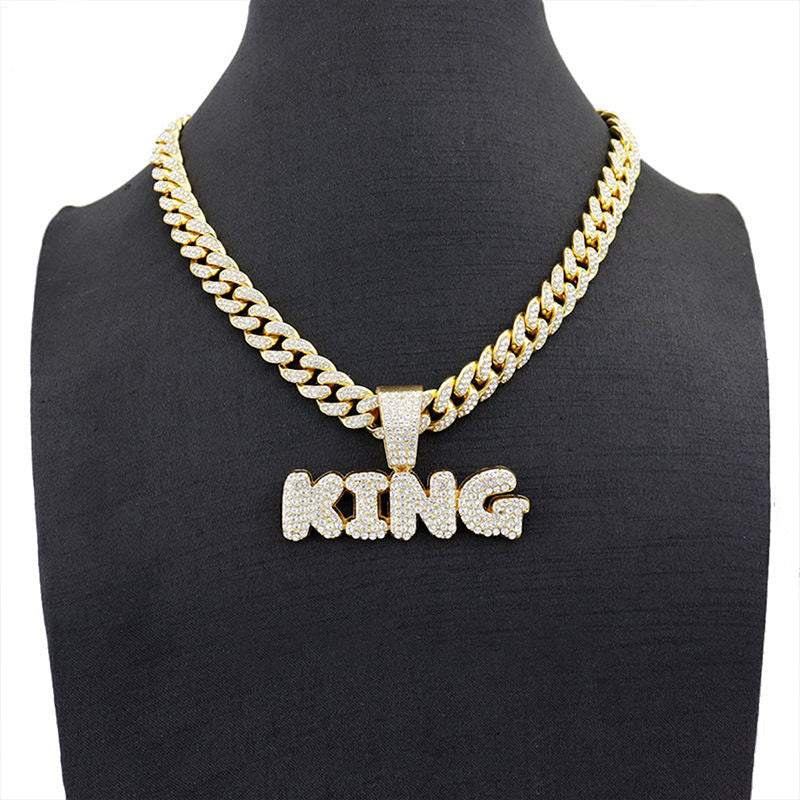 13mm Width Football Pendant Necklace,Full Diamond King Fashion Pendant Necklace, 3D Diamond Gold Zinc Alloy Stainless Steel Religious Zircon